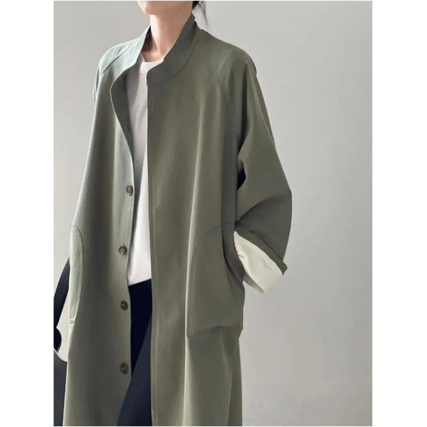 Lazy Loose Stand Up Collar Long Ttrench Coat For Women Spring Autumn Casual British Style Windbreaker Overcoat