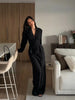 Women's Black Ruched Lace-up Blazer Co Ord Set Notched Collar Long Sleeve Cinch Waist Wide Leg Pants Casual Matching Suit