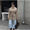 Solid Stand Collar Trench Short Coats Button Long Sleeve Pocket Zipper Windbreaker Lady High Street Outerwear