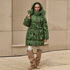 Printed Women's Winter Jacket Hooded Mid Length Padded Coat Belted Waist Padded Coat Vintage Leopard Print Winter Warm Wear