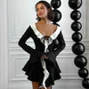 Sexy Black White Patchwork Ruffles Short Dress Women's Long Flare Sleeve Lace-up Evening Party Mini Dresses Female Blue Pink Red