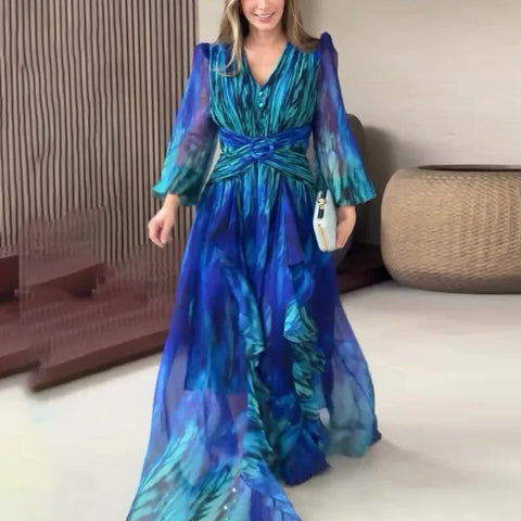 Women Dresses Long Sleeve Sexy V Neck Dress Hollow Print Dress High Waist Vestidos Ruffle Ankle Length Sight Strech Autumn