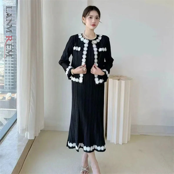 Black White Colorblock Design Women's Pleated Two Pieces Set O-neck Beaded Petal Hem Short Coat +Elastic Dress 2DB6662