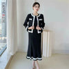 Black White Colorblock Design Women's Pleated Two Pieces Set O-neck Beaded Petal Hem Short Coat +Elastic Dress 2DB6662