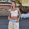 Floral Print Sweetheart Cami Crop Top Lace Up Wide Leg Pants Autumn Women Two Piece Outfit Street Ladies Casual Suit