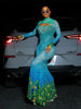 Sexy See Through Dress Women Hollow Hipster Colorful Print Stretch Skinny Midnight Party Clubwear Fishtail Bodycon