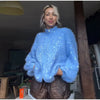 Women Sequined Fluffy Knit Cardigan Zip Up Stand Collar Loose Long Sleeve Sweater Jacket Autumn Party Casual Outerwear