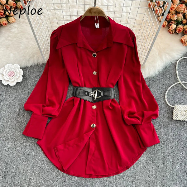 Spring Office Lady Shirt Dress Women Long Lantern Sleeve Sashes Waist Robe Femme Single Breasted Short Dresses