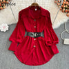Spring Office Lady Shirt Dress Women Long Lantern Sleeve Sashes Waist Robe Femme Single Breasted Short Dresses