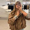Casual Patchwork Women Coat Elegant Long Sleeve Stand Collar Pleated Female Outwear Autumn Winter Lady Streetwear