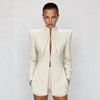 Pinstripe Women's Blazer Coats Back Cut Out Tie Long Sleeve Jackets for Woman Lapel Collar Navy Striped Suit Jacket Office Chic