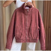 Vintage Suede Jackets Women's Loose Full Sleeves Zipper Pockets Stand Collar Coats Ladies Autumn Solid Streetwear