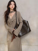 Elegant French V-Neck Knit Dress Women Long Sleeve Elastic Maxi Dress Asymmetrical Design Belted Long Dress for Autumn Winter