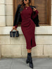 Women's Solid Color Round Neck Belted Slit Hem Midi Dress Casual Long Sleeve Shift Office Autumn