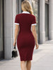 Women’s Retro Work Button Notched Neck Contrast Patchwork Knee Length Dresses Business Office Elegant Bodycon Sheath Dress