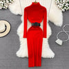 Elegant Turtleneck Long Sleeve Knit Soft Tight Pencil Dress with Belt Slim Warm Sweater Vestido Sexy Women Winter Robe