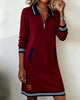 Autumn Winter Versatile Women's Dress Casual Contrasting Color Splicing Lapel Long-sleeved Loose Dress With Pockets
