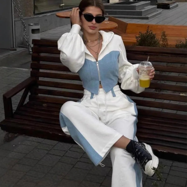 Contrast Color Patchwork Hoodies Pants Set Women Zipper Short Hooded Coats Lace Up Wide Leg Pant Spring Autumn Tracksuit