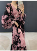 Abstract Print Ruched Womens' Pleated Dress Ruffle Sleeve Pleated Chiffon Long Dresses Party Outfit 2DB7460