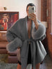 Elegant Lace Up Woolen Short Coat Solid Loose Lapel Furry Long Sleeve Belt Waist Jacket Spring Autumn Lady Chic Cardigan