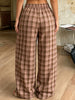 Women Vintage Aesthetic Casual Plaid Print Barrel Pants Drawstring Elastic Waist Loose Straight Pants with Pockets Streetwear