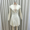 Vintage Sexy Deep V Puff Sleeve Button Ribbed Mini Dress High Waist Cinched Waist A Line Flared Dresses Sweet Casual Date Women