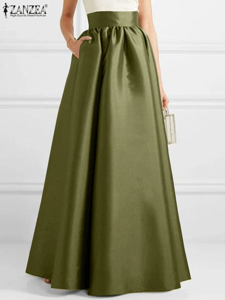 Women Autumn Satin Skirt A-line Floor Length Solid Color High Waist Dress Elegant Vintage Casual Oversized Long Robe