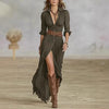Sexy Women's Dress French Retro V-neck Waist Pleated Loose Slit Temperament Long Sleeve Dresses For Women Robe Femal