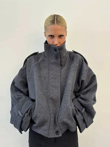 Women's Stand Collar Woolen Coat Loose Long Sleeve Double Breasted Short Jacket Spring Chic Street Office Lady Outerwear