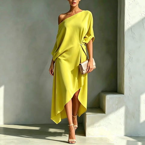 One Shoulder Midi Dress Asymmetrical Hem Waist Knot 3/4 Sleeve Draped Formal Evening Elegant Color Cocktail Dress for Women