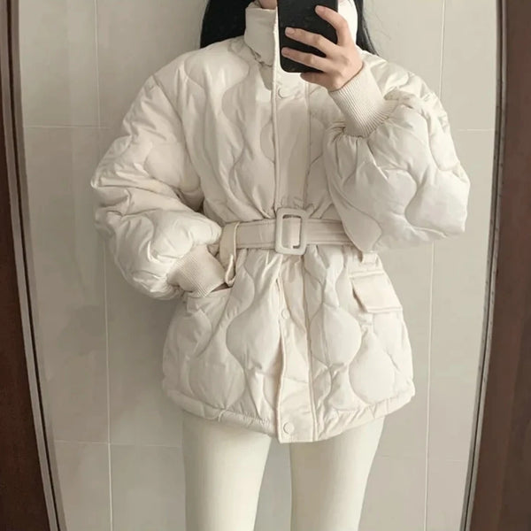 Women Winter Warm Thick Cotton Coat Women With Belt Stand Collar Cotton Padded Jacket Korean Loose Women Parka Outwear