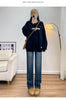 Winter Thickened Women's Mink Velvet Jeans Loose Straight Warm Soft Fleece Elastic High Waist Female Pants Black Blue