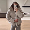 Women Hooded Stand Collar Cropped Puffer Jacket Zip Snap Button Loose Slim Short Quilted Casual Winter Warm Outerwear Coat
