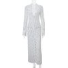 Sexy Lace Printed White Dress For Women See-Through Hollow Out Full Sleeve V Neck Slit Slim Maxi Dress Evening Party Club Outfit
