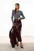 IG Women Burgundy Croc Faux Leather 2 Piece Suit Set Notched Lapel Slim Blazer Jacket High Waist Midi Pencil Skirt Elegant