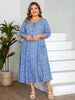 Plus Size Women's Blue White Floral Dress Tie Round Neck 3/4 Sleeve Loose