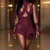 High Collar Draped Ruffle Mini Dress Elegant Hight Waist Solid Color Short Dress Casual Long Sleeve Women's Party Dress