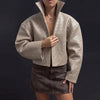 Women Lapel Collar Single Button Croc Embossed Leather Jacket Long Sleeve Drop Shoulder Patch Pocket Loose Retro Short Street