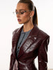 Women Burgundy Croc Faux Leather Notched Lapel Slim Fit Blazer Jacket Single Breasted Long Sleeve Elegant Office