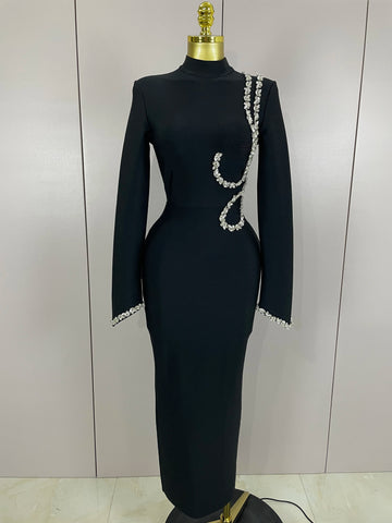 Sexy Long Sleeve Diamonds Maxi Long Bodycon Bandage Dress Women Celebrity Elegant Evening Party Birthday Dresses