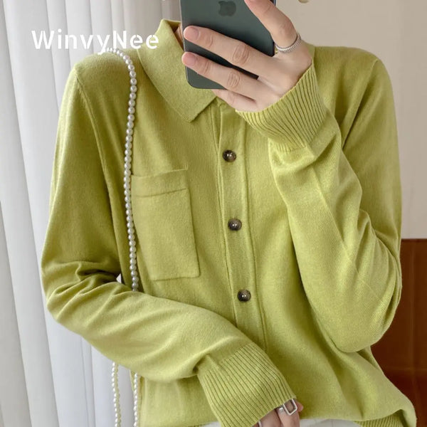 Women's Elegant Spring Knitted Cardigan Wool Polo Neck With Pockets Solid All-Match Casual Soft Tops Coats ZB1047006