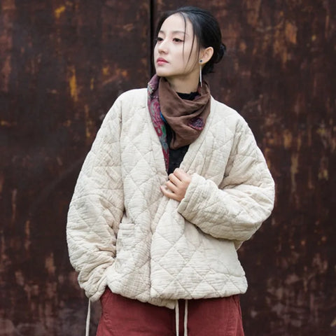 Winter Chinese Style Parkas For Women Bandage Plus Cotton Coats Long Sleeve Loose Pockets Vintage Cotton Parkas
