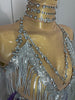 Stock Women Sexy Stretch Mesh Sparkly Rhinestone Tassels Mini Dress Nightclub Singer Dance Stage Costume Evening Gowns