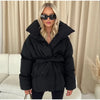 Lace Up Hooded Cotton Coat Women Casual Stand Collar Single Breasted Pocket Loose Warm Coats Lady Winter Street Outwear