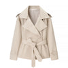 Belted Waist Cropped Trench Double Breasted Stand Collar Autumn Chic Elegant Women Coat Casual Vintage Office Lady Jacket