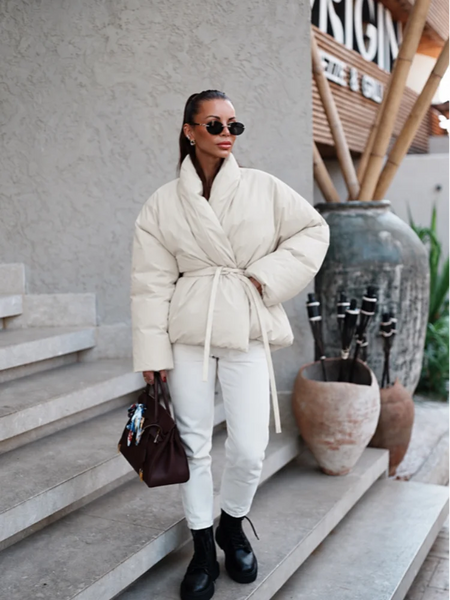 Vintage Lace-up Thicken Jacket Women Full Sleeve V-neck Belt Solid Outwear Female Winter Casual Lady Streetwear