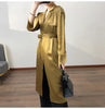 Spring Autumn Long Soft Elegant Flowy Satin Acetate Trench Coat for Women Chic British