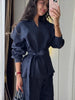 Casual Solid Shirt Trouser Suits Women Full Sleeve Lace Up Lapel Top Wide Leg Pants Lady Set Autumn Female Suit
