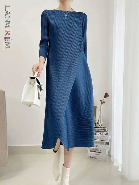 Pleated Solid Color Dress For Women Round Neck Loose Mid-calf Dresses Office Lady Female Spring 2N749