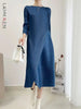 Pleated Solid Color Dress For Women Round Neck Loose Mid-calf Dresses Office Lady Female Spring 2N749